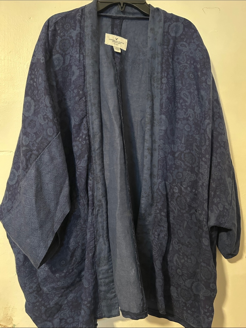 American Eagle Outfitters Men's Navy Paisley Open-Front Kimono Jacket